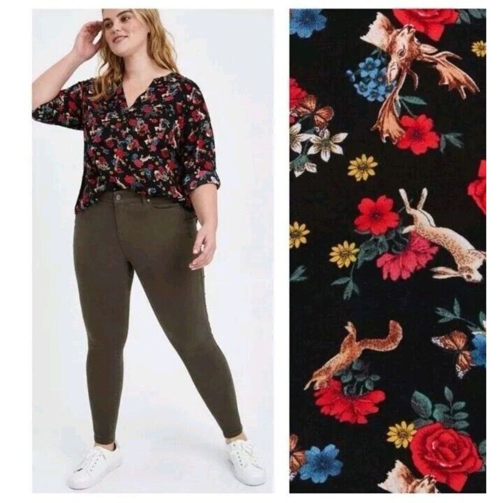 Torrid Women's Rayon Pullover Blouse Animal &‎ Floral Long Sleeve Black Red Sz 3